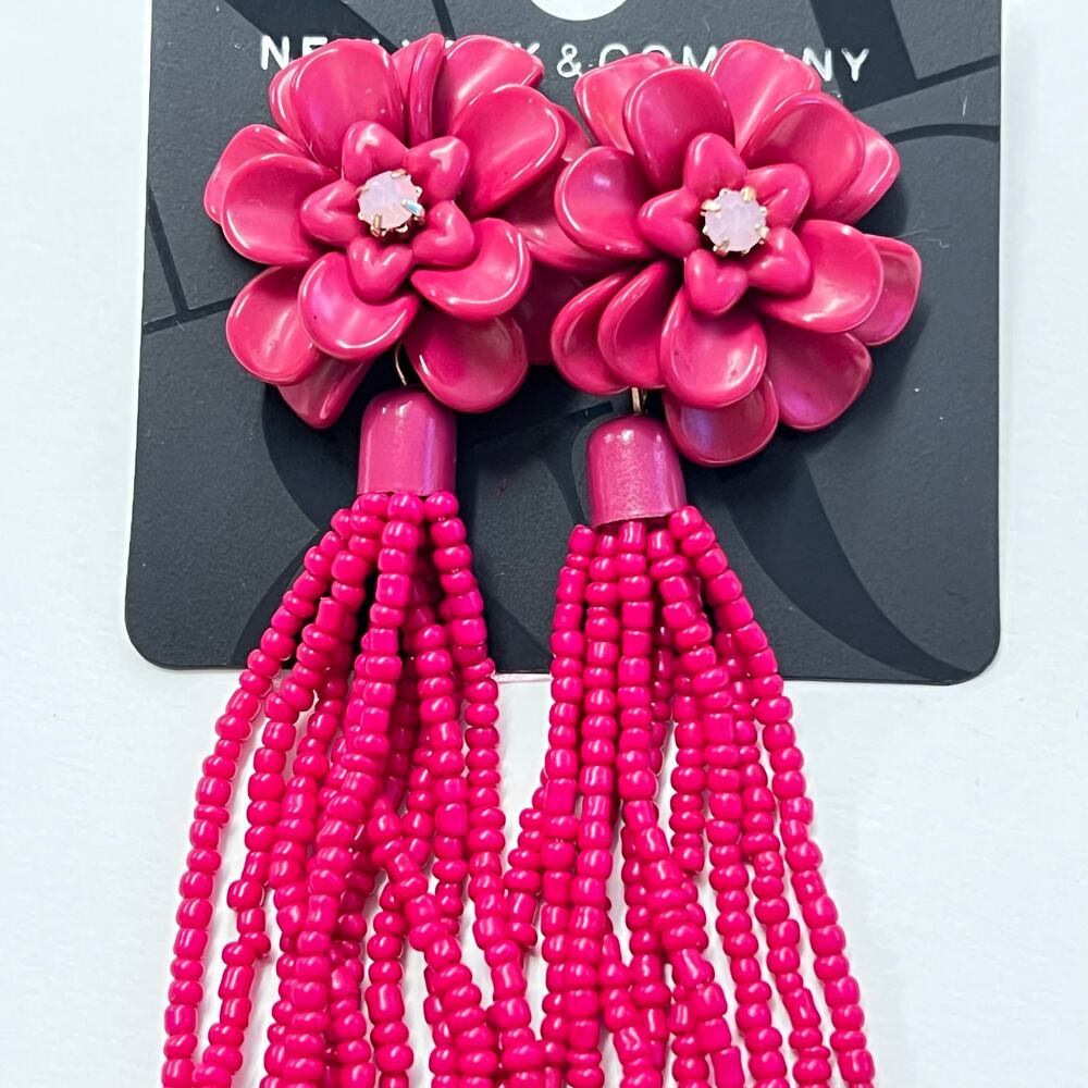 Pink Floral Seed Bead Beaded Tassel Earrings